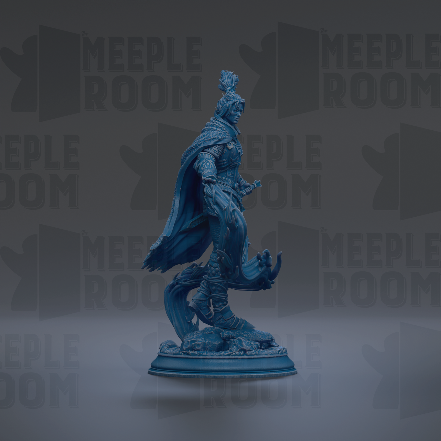 A blue statue of a figure standing on a pedestal against a dark background with repeated text.