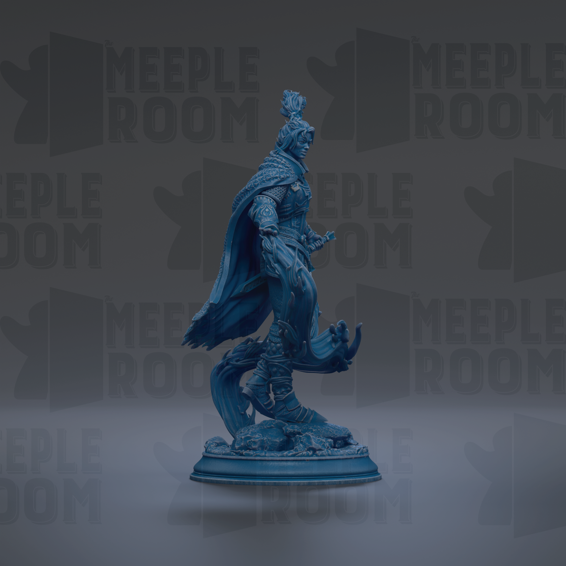 A blue statue of a figure standing on a pedestal against a dark background with repeated text.