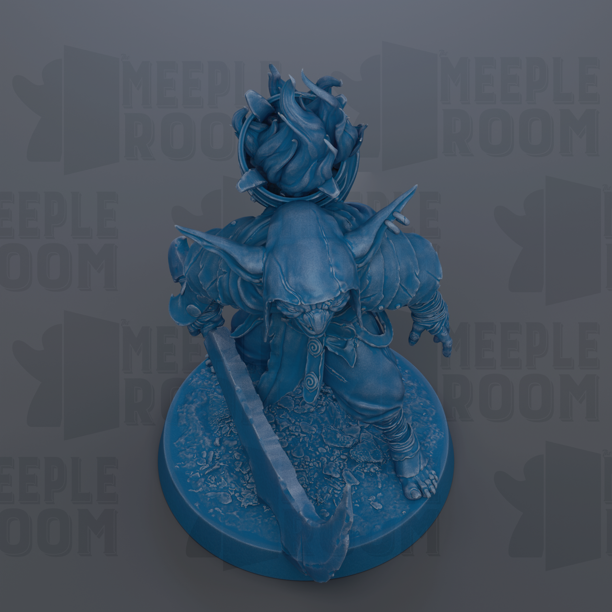 A blue, 3D-rendered fantasy character with a large head and a sword, standing on a circular base.