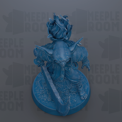 A blue, 3D-rendered fantasy character with a large head and a sword, standing on a circular base.
