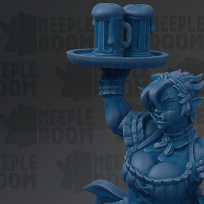 A blue figurine of a woman holding a tray with two beer mugs on it, set against a dark background with the text "MEUPLE ROOM" repeated multiple times.