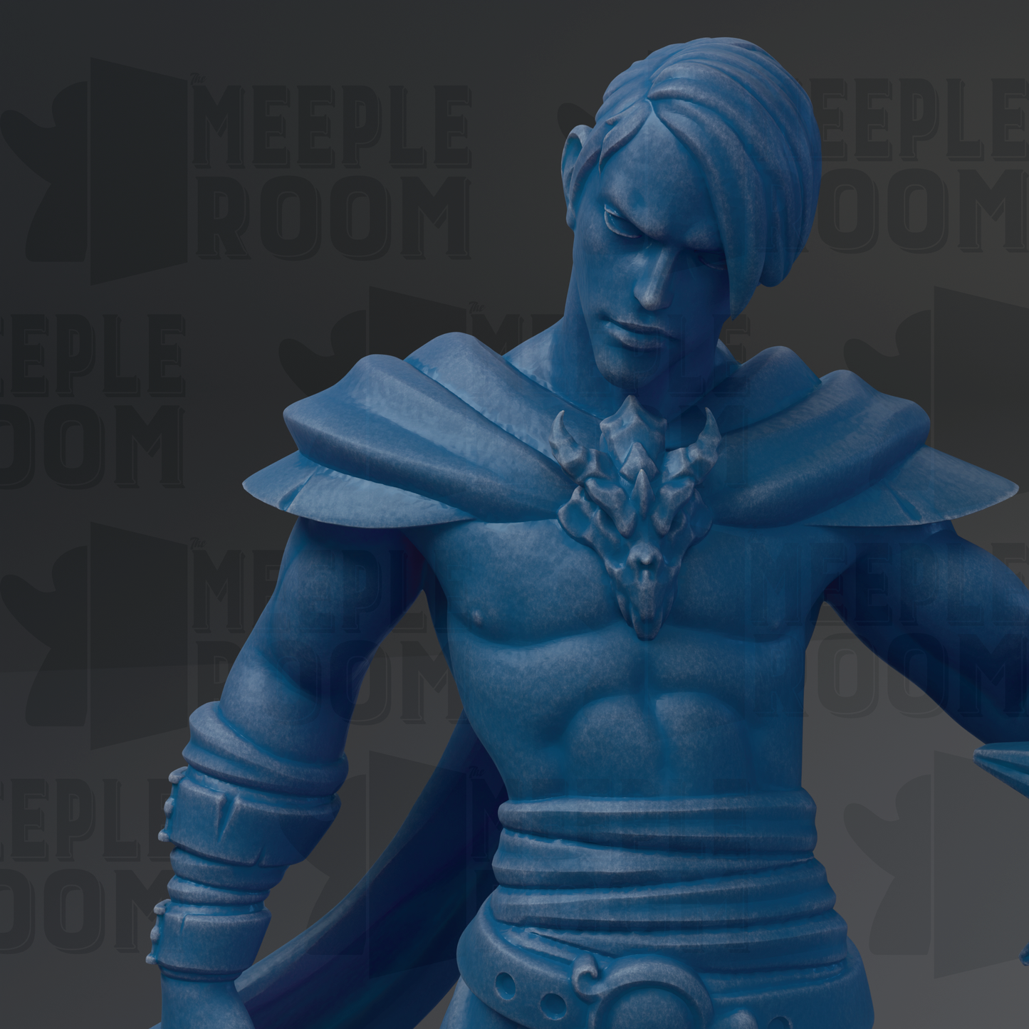 A blue statue of a muscular man with a serious expression, wearing a cape and holding a weapon, against a dark background with repeated text.