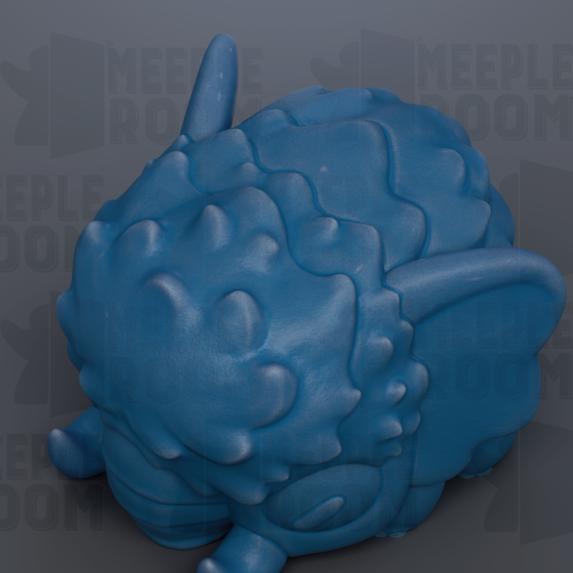 A blue, textured, and abstract sculpture or figurine is shown against a dark background.