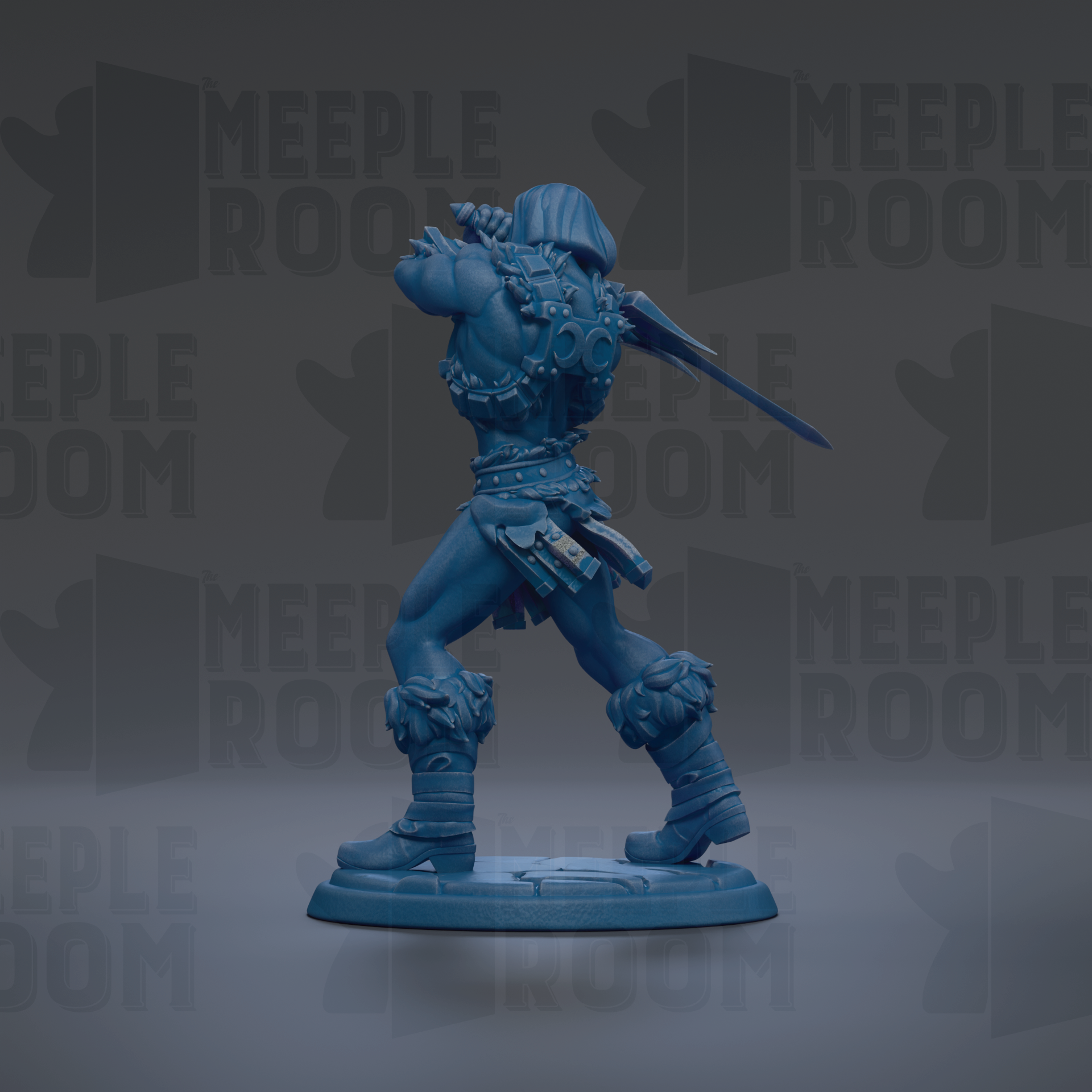 A blue figurine of a warrior figure holding a sword and shield, standing on a base.