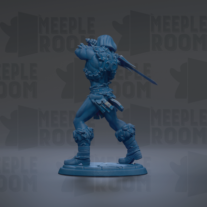 A blue figurine of a warrior figure holding a sword and shield, standing on a base.