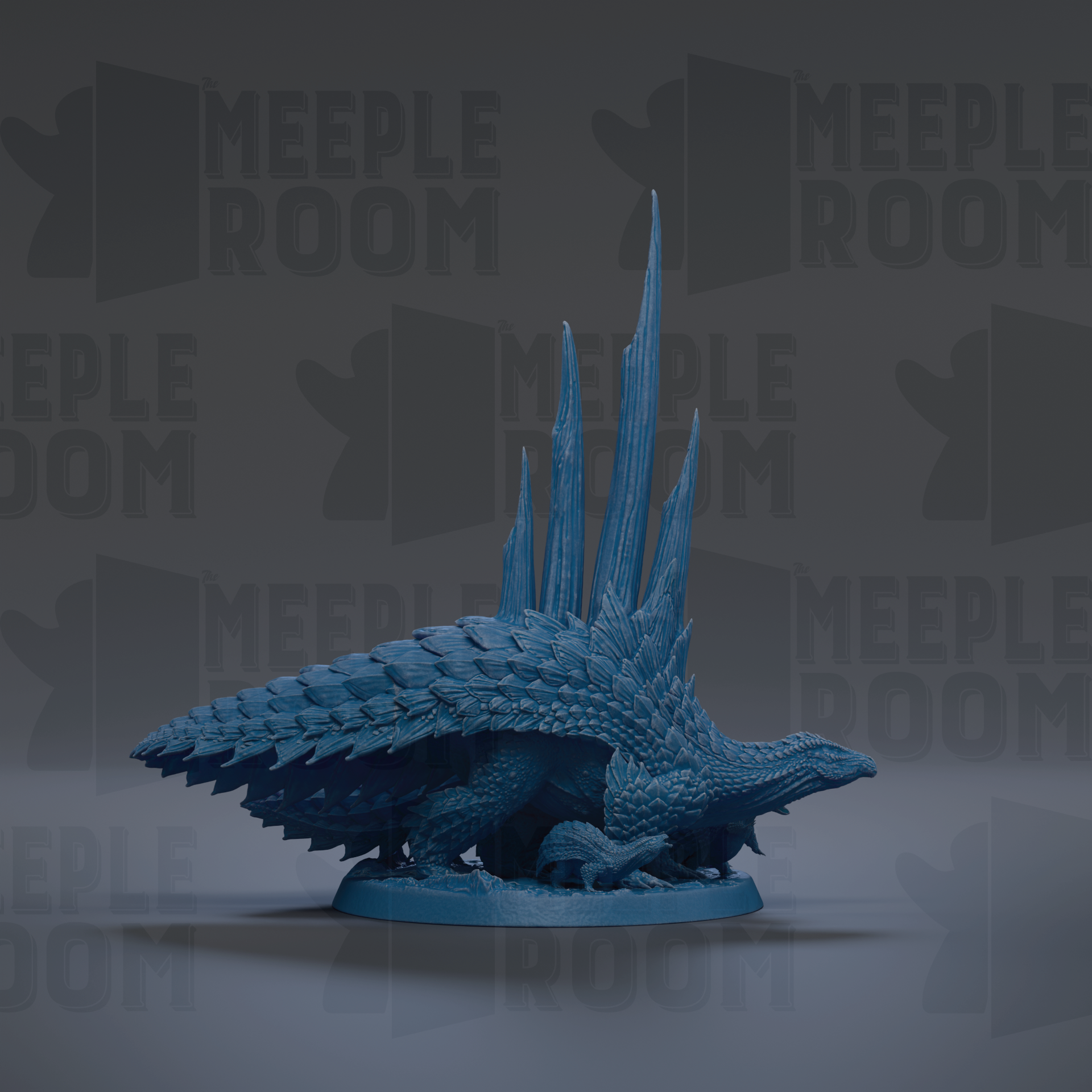 A blue, 3D-rendered dragon figurine with long, sharp spikes protruding from its body, standing on a base.