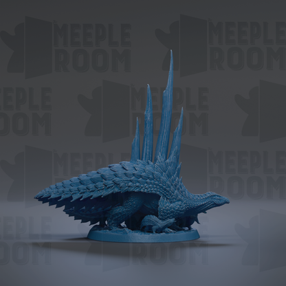 A blue, 3D-rendered dragon figurine with long, sharp spikes protruding from its body, standing on a base.