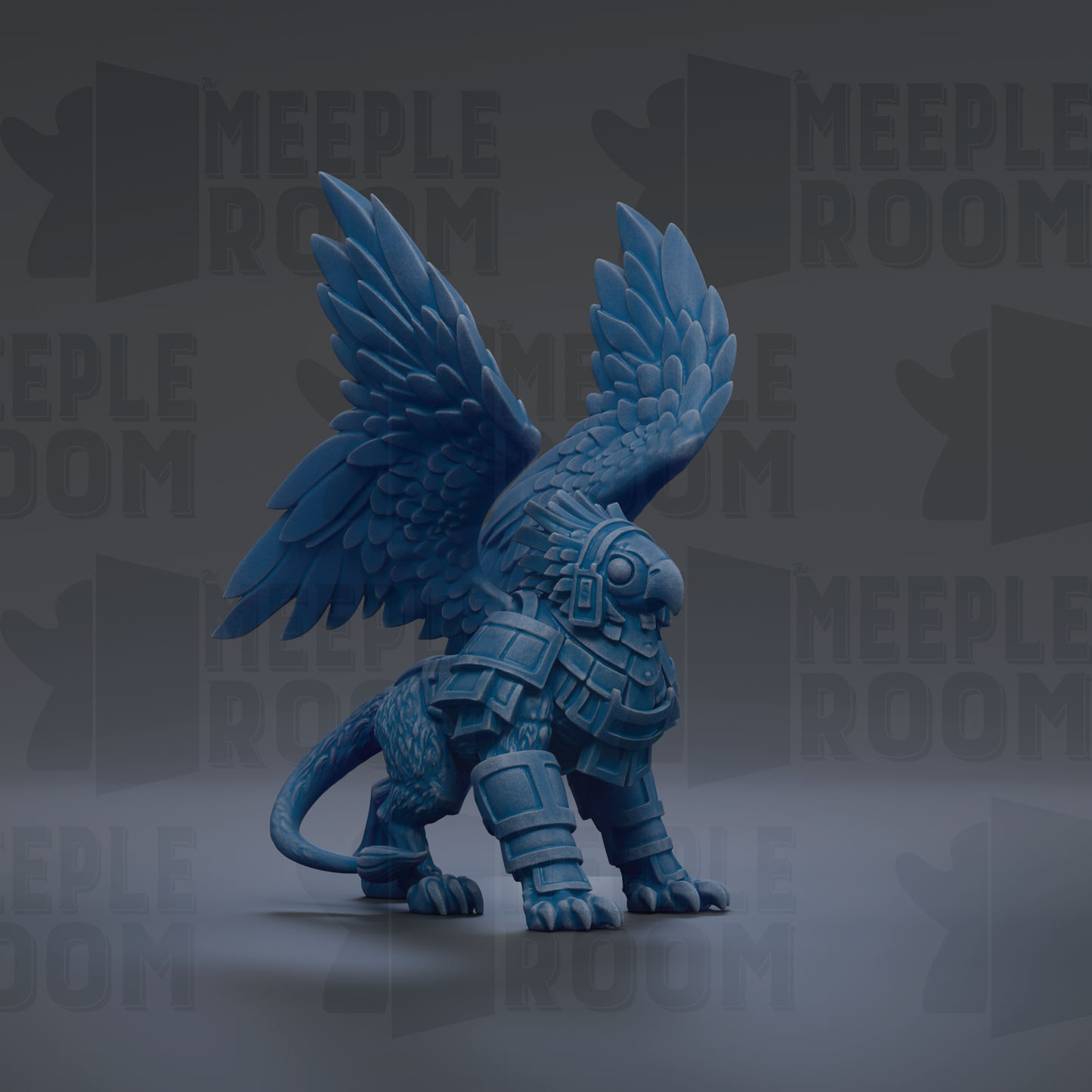 A blue winged creature with a fierce expression stands on a gray surface against a dark background.