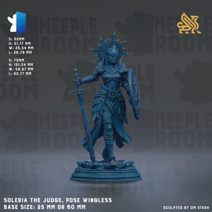 a statue of a female warrior, with a shield and sword, standing on a pedestal. The statue is made of a dark blue material and is positioned in the center of the image. The base size of the statue is either 25mm or 60mm. The image is a collage of multiple images, and the phrase "SOLERIA THE JUDGE, POSE WINGLESS" is visible. The image is not a description of the scene, but rather a description of the statue itself.