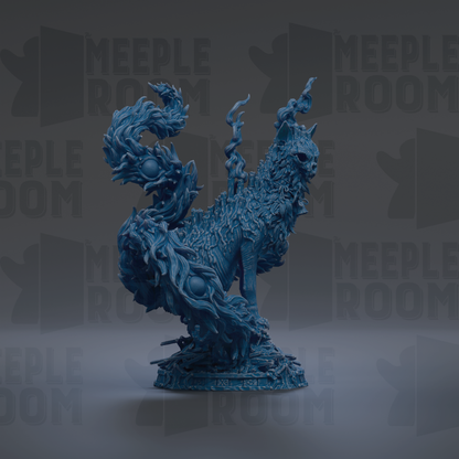 A blue, fantastical creature resembling a dragon or serpent with intricate, flowing patterns and a fierce expression, set against a dark background with repeated text.