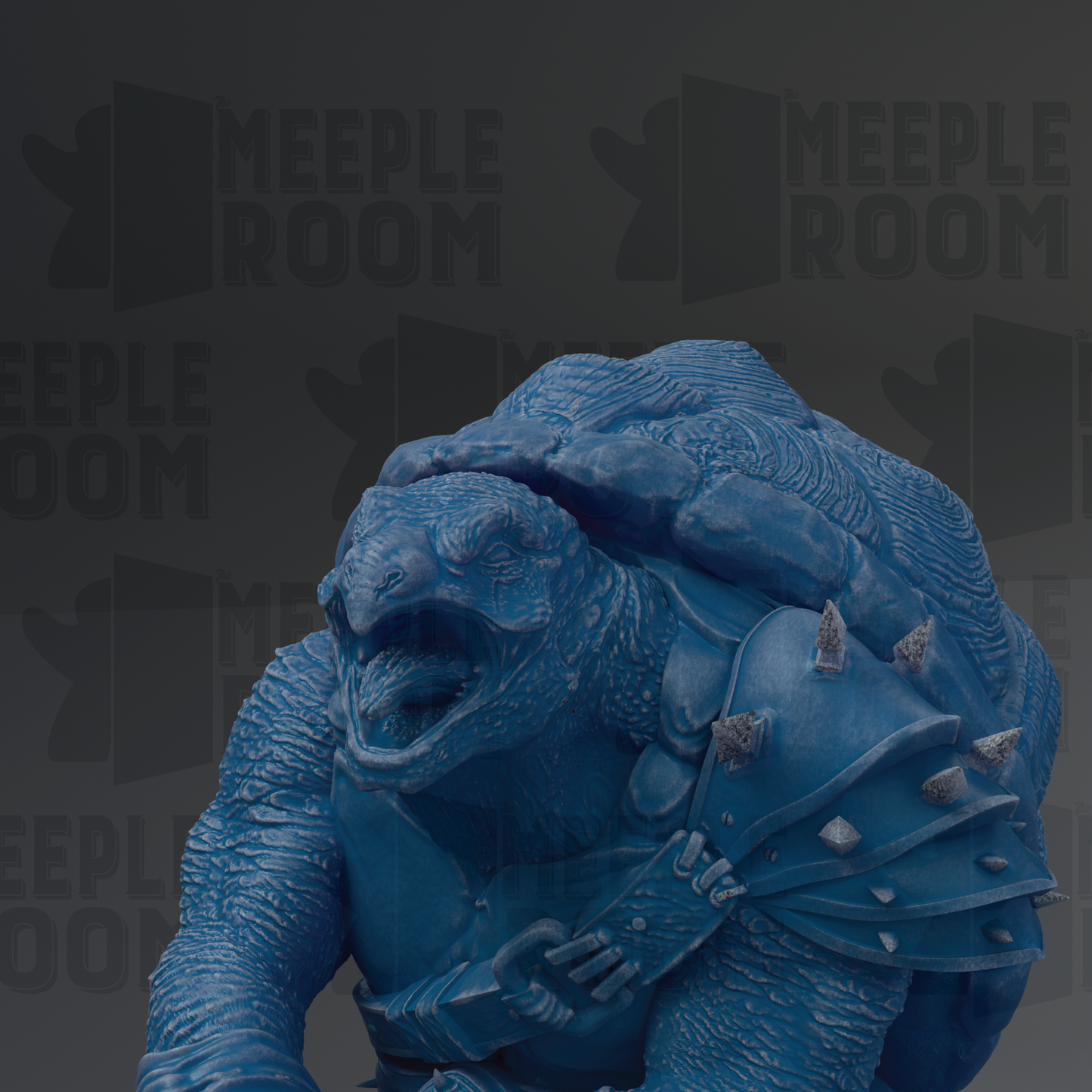 A close-up view of a blue, armored turtle statue with spikes on its back.