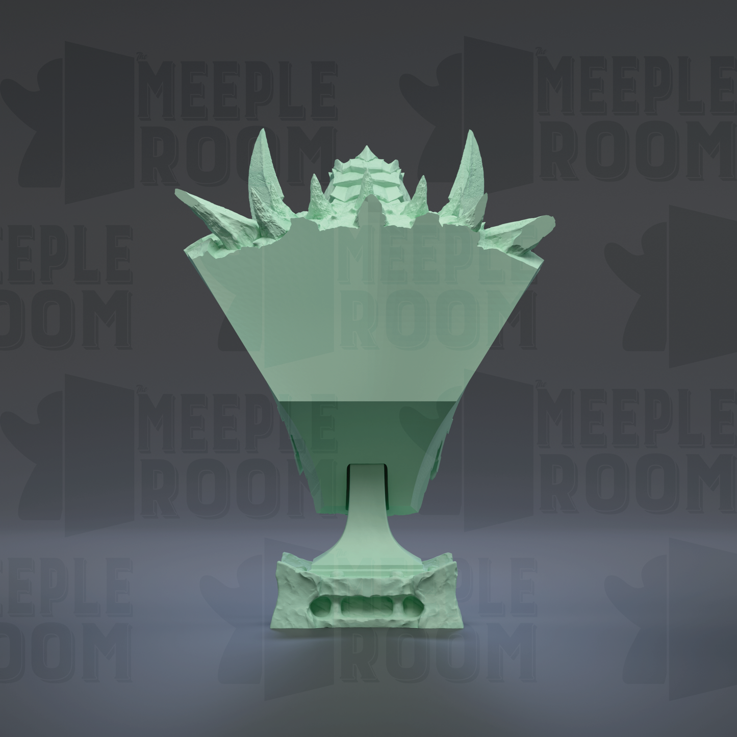A green, sculpted trophy or award with sharp, jagged edges and a pointed top, set against a dark background with repeated text.
