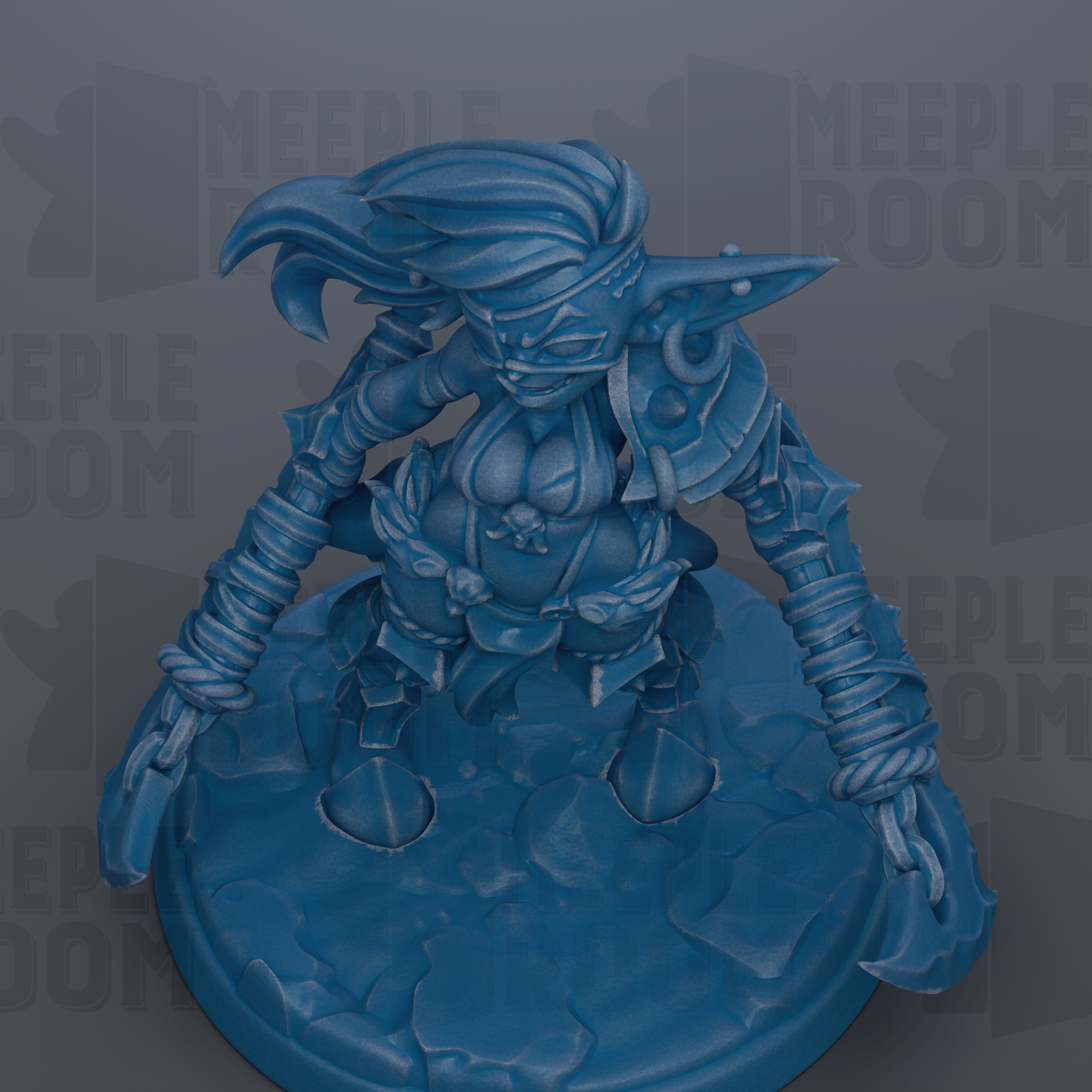 A blue, 3D-rendered fantasy character with a fierce expression and intricate armor, standing on a rocky surface.