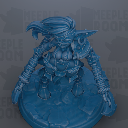 A blue, 3D-rendered fantasy character with a fierce expression and intricate armor, standing on a rocky surface.