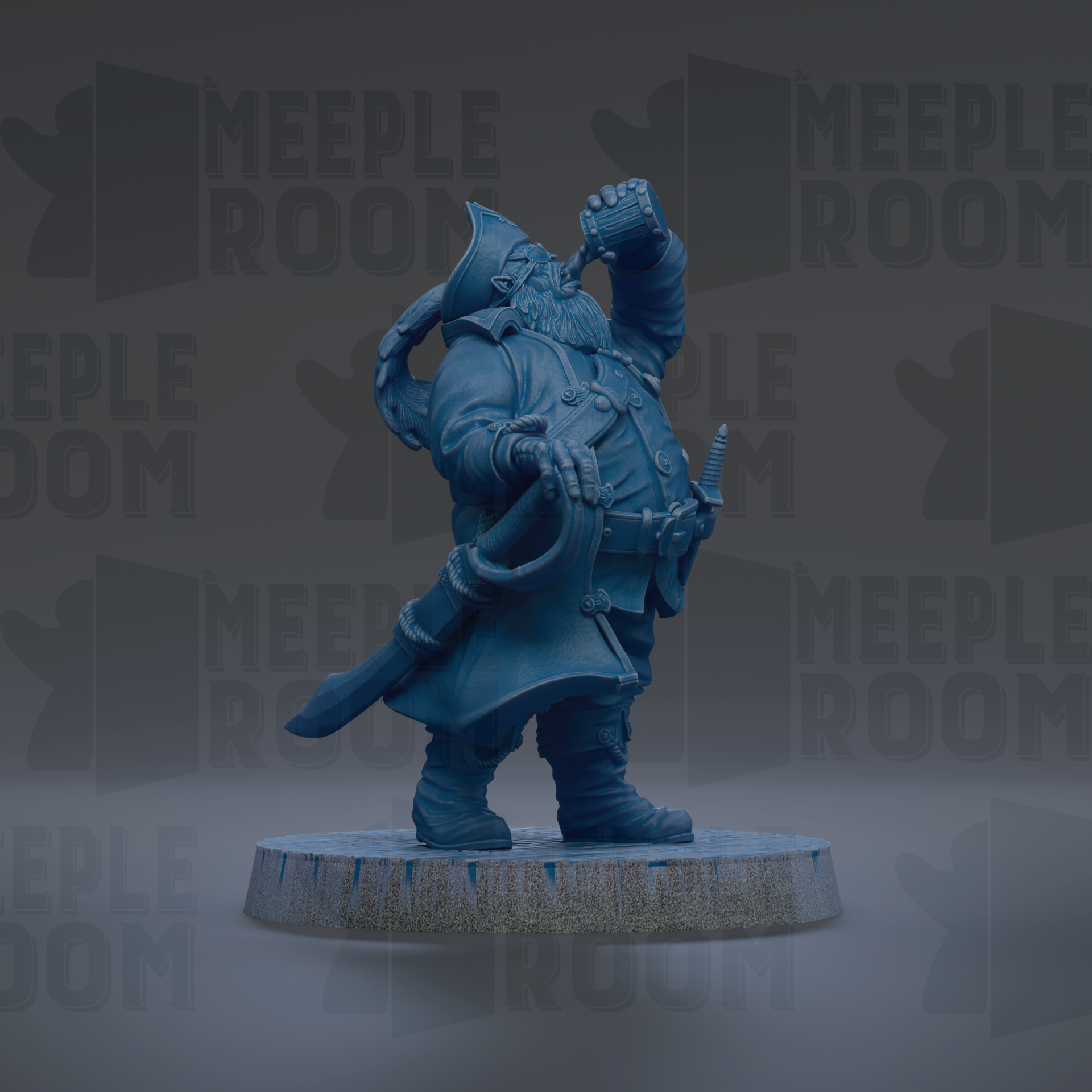 A blue figurine of a pirate standing on a pedestal, holding a drink in one hand and a sword in the other.