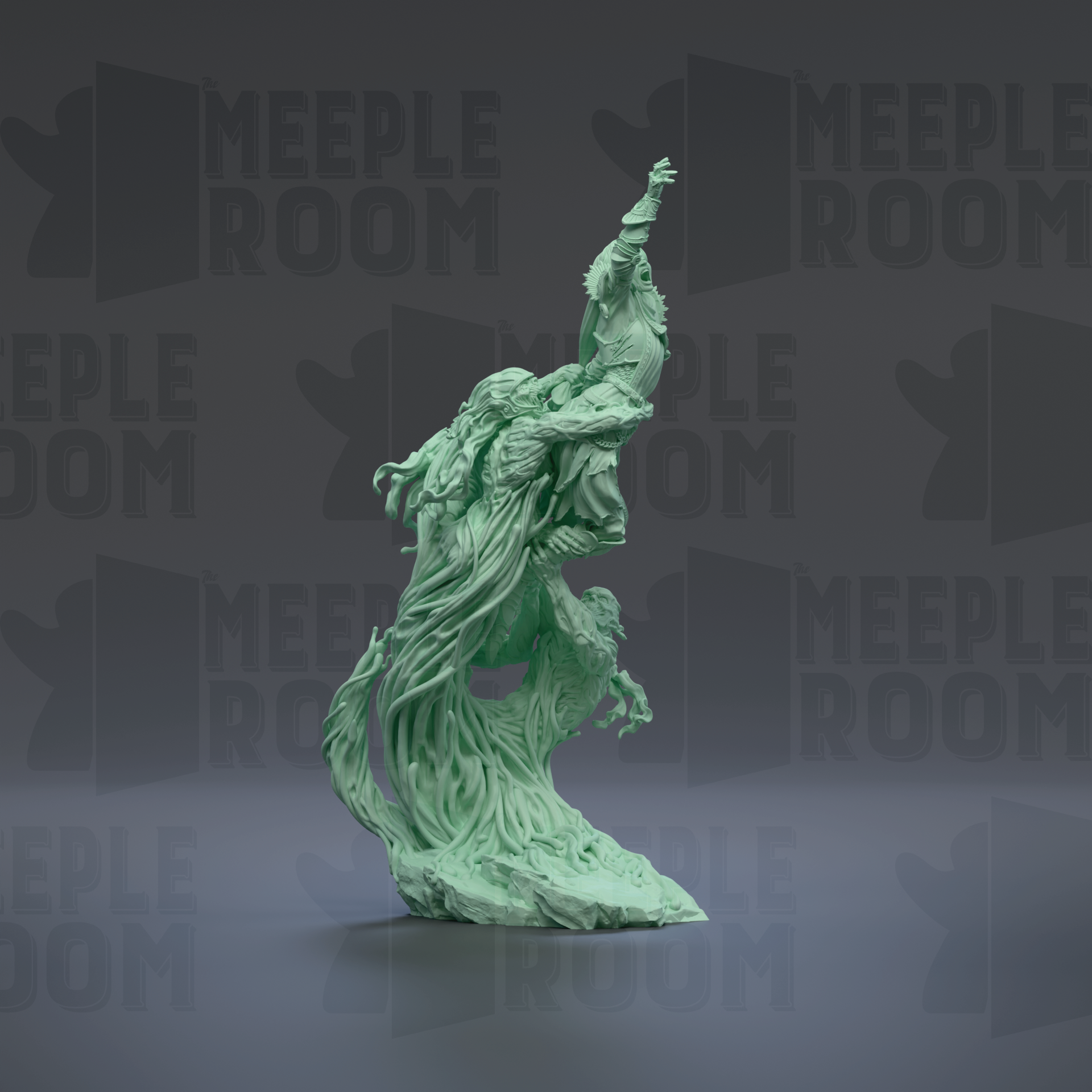 A green, abstract sculpture with flowing, organic shapes and lines, set against a dark background with repeated "MEIPLE ROOM" text.
