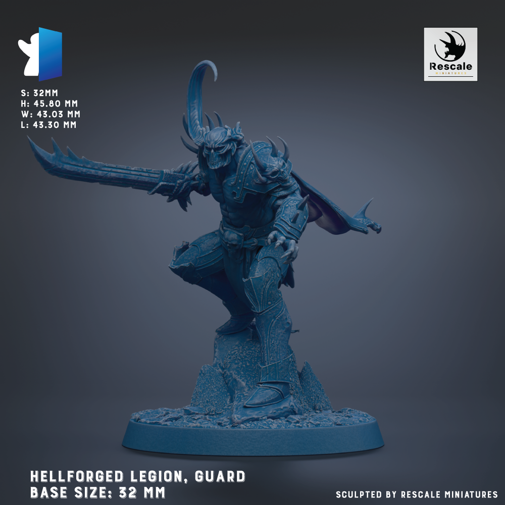 a Hellforged Legion, a type of fantasy character, as a guard. The statue is made of a blue material and is standing on a base that is 32 mm in size. The statue is designed to resemble a warrior, with a large sword and a fierce expression. The image is a 3D rendering of the statue, and it is described as being sculpted by Rescale miniatures.