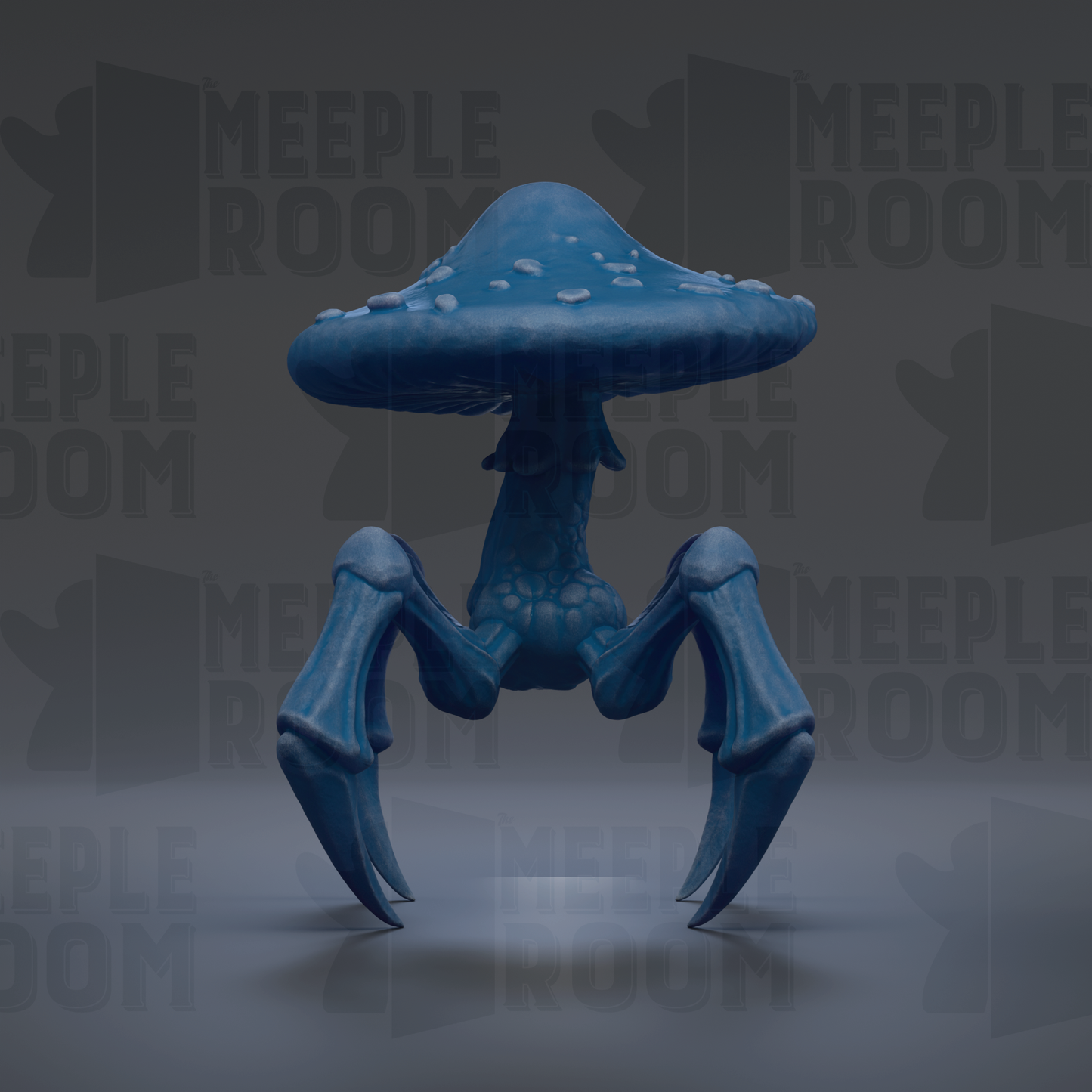 A blue mushroom-like creature with sharp claws and a large mushroom-shaped head stands on a gray surface against a dark background.