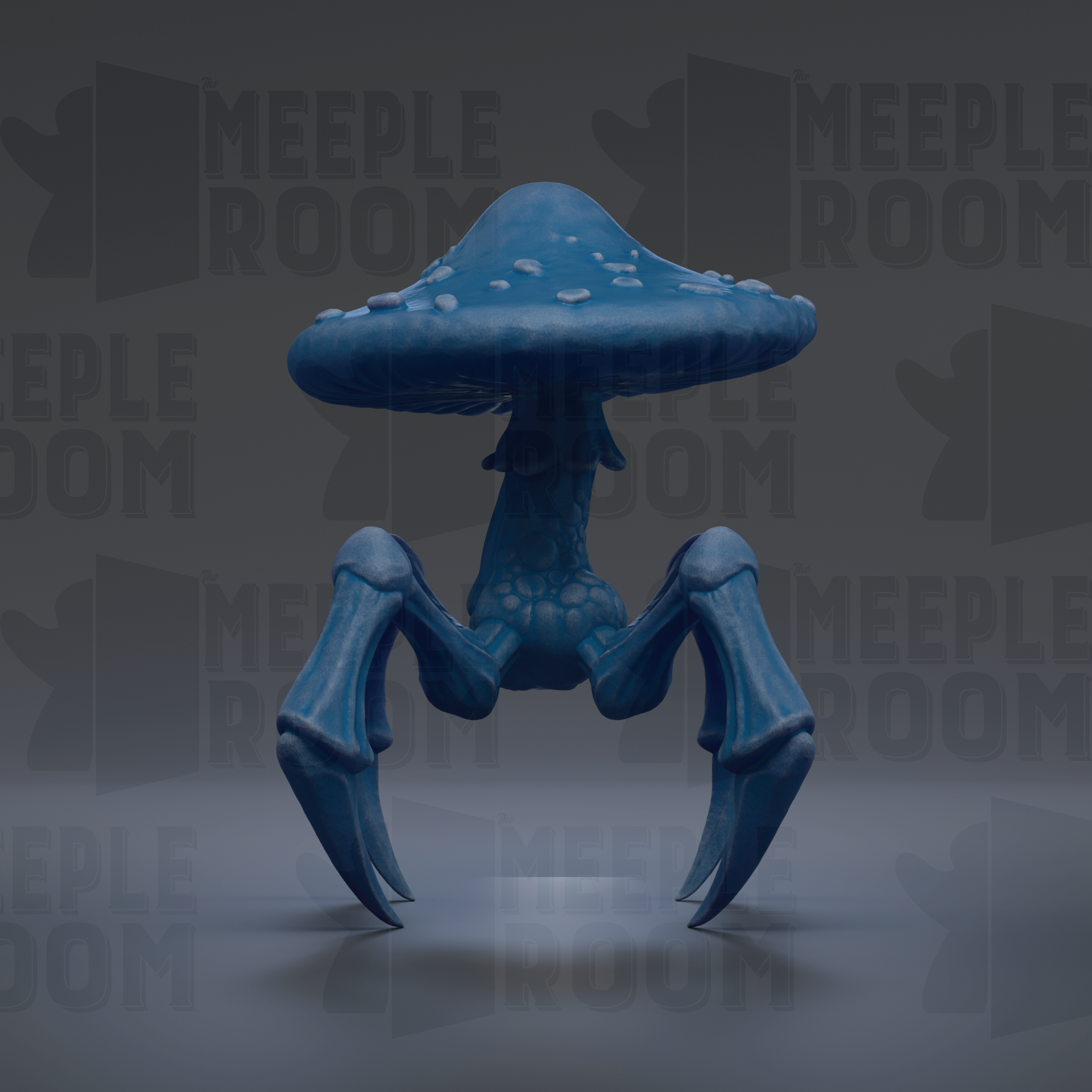 A blue mushroom-like creature with sharp claws and a large mushroom-shaped head stands on a gray surface against a dark background.