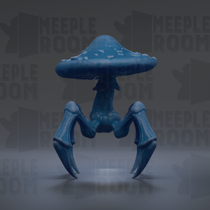 A blue mushroom-like creature with sharp claws and a large mushroom-shaped head stands on a gray surface against a dark background.