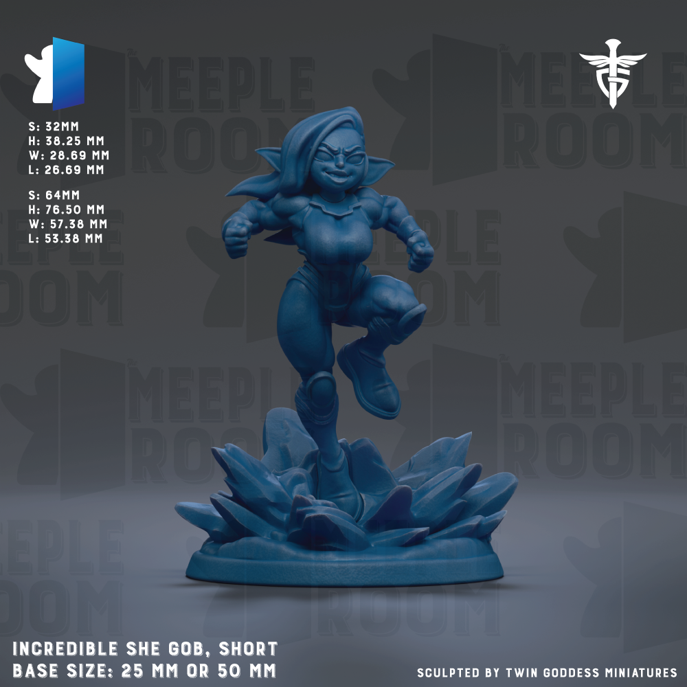 The image is a figurine of a female character, likely a superhero or a female character from a video game. The figurine is in a dynamic pose, with one leg raised and the other bent at the knee. The figurine is set against a dark background with the text "MEIPLLE ROOM" repeated multiple times. The base size of the figurine is either 25mm or 50mm. The figurine is sculpted by Twin Goddess Miniatures.