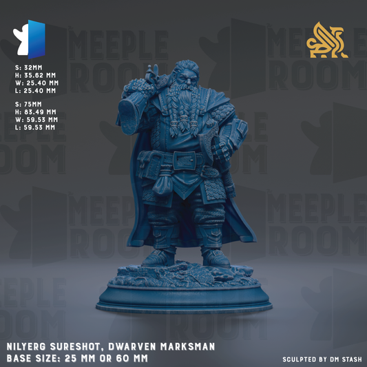 The image is a figurine of a dwarf character, specifically Nilyberg, from the Meeple Room series. The figurine is depicted in a standing position, wearing a cape and holding a shield. The base size of the figurine is 25mm or 60mm. The image is a sculpture of the character, and it is not a collage of multiple images. The image does not contain any text, and it does not describe each individual part of the figurine. The image is a single, complete depiction of the character Nilyberg.