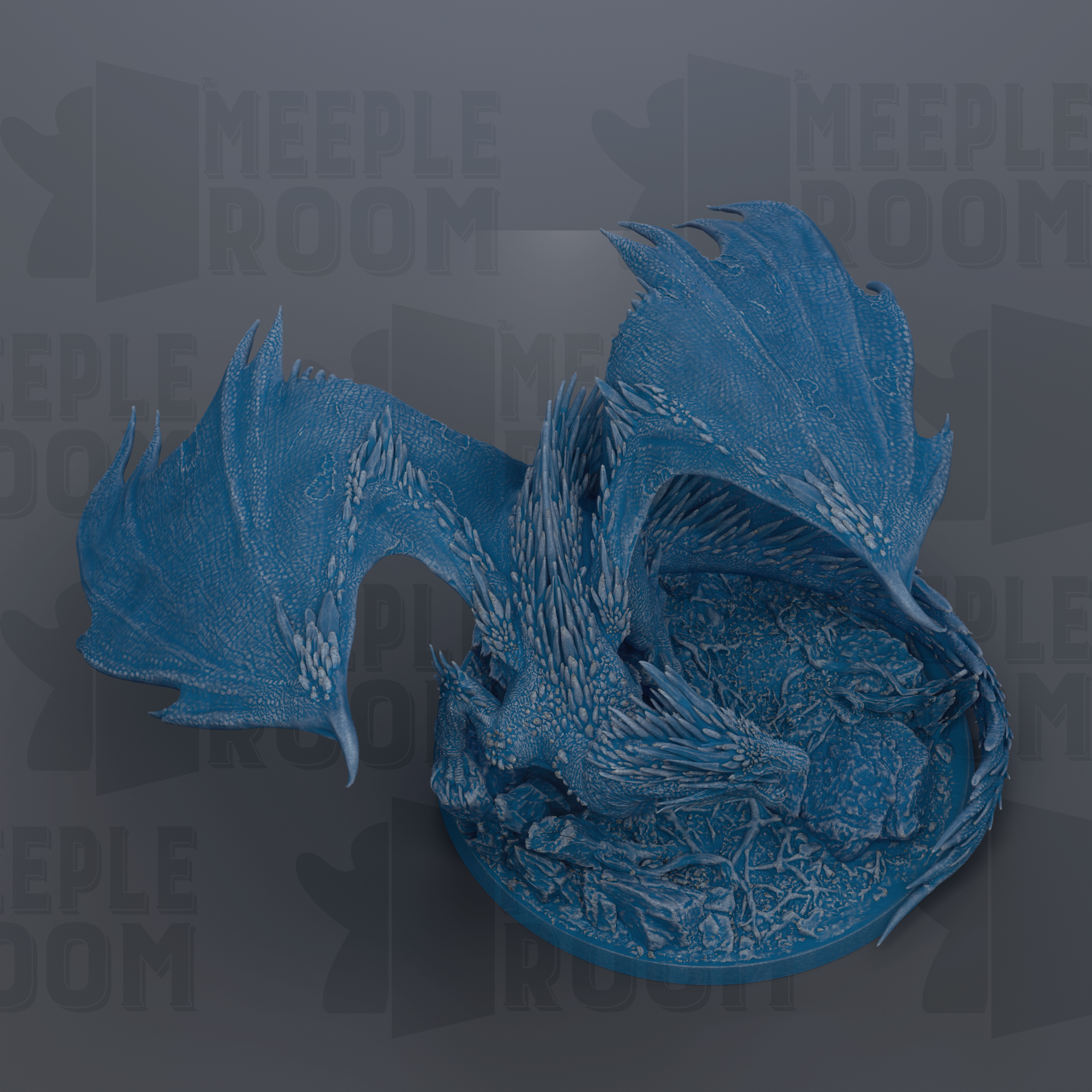 A detailed 3D rendering of a blue dragon statue, with intricate scales and wings, set against a dark background.