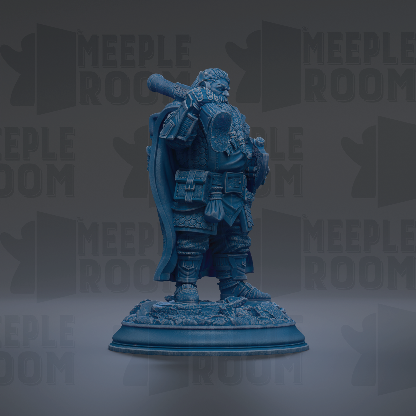 A blue statue of a bearded man holding a shield and sword, standing on a pedestal.