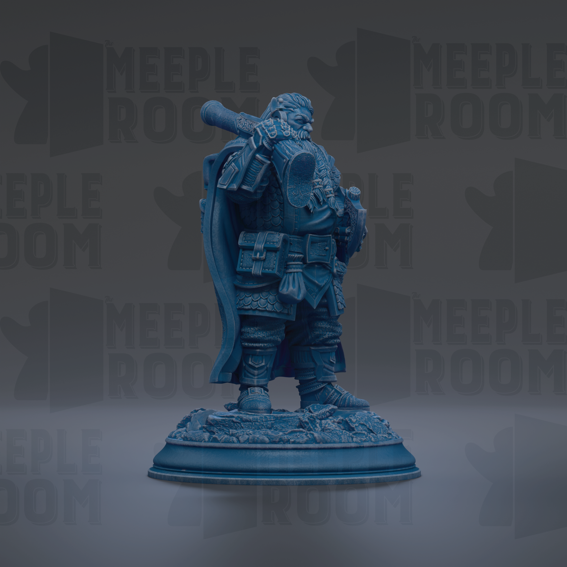 A blue statue of a bearded man holding a shield and sword, standing on a pedestal.