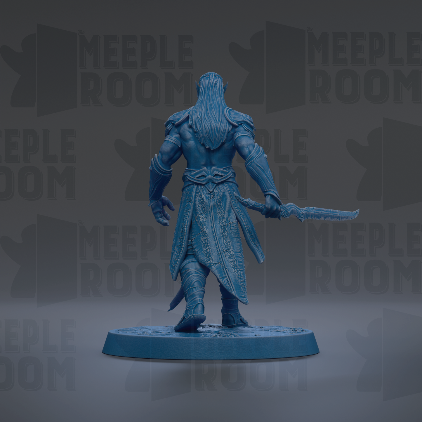 A blue figurine of a warrior standing on a platform, holding a sword in its right hand.