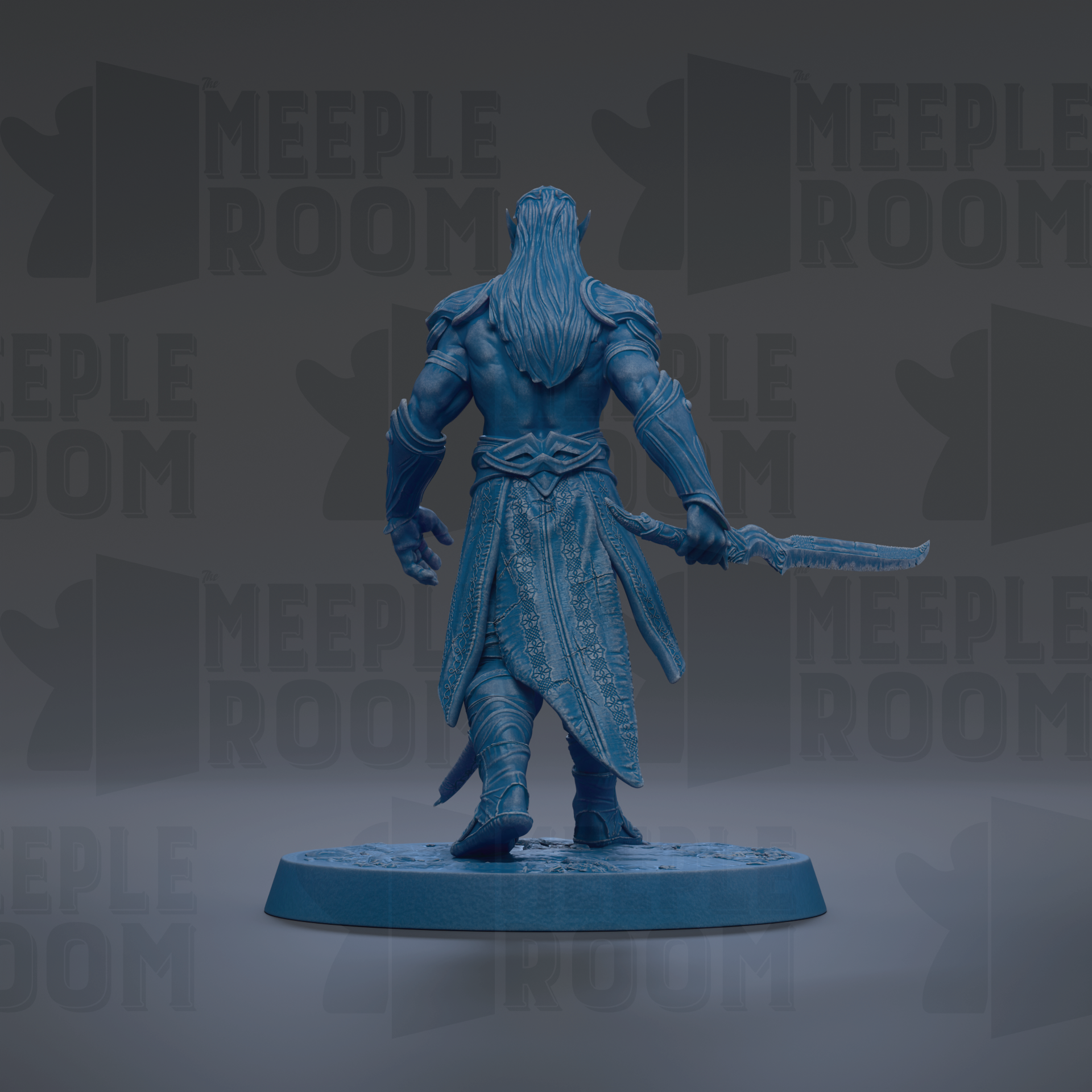 A blue figurine of a warrior standing on a platform, holding a sword in its right hand.