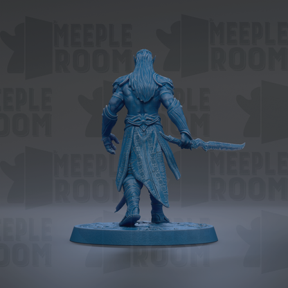 A blue figurine of a warrior standing on a platform, holding a sword in its right hand.