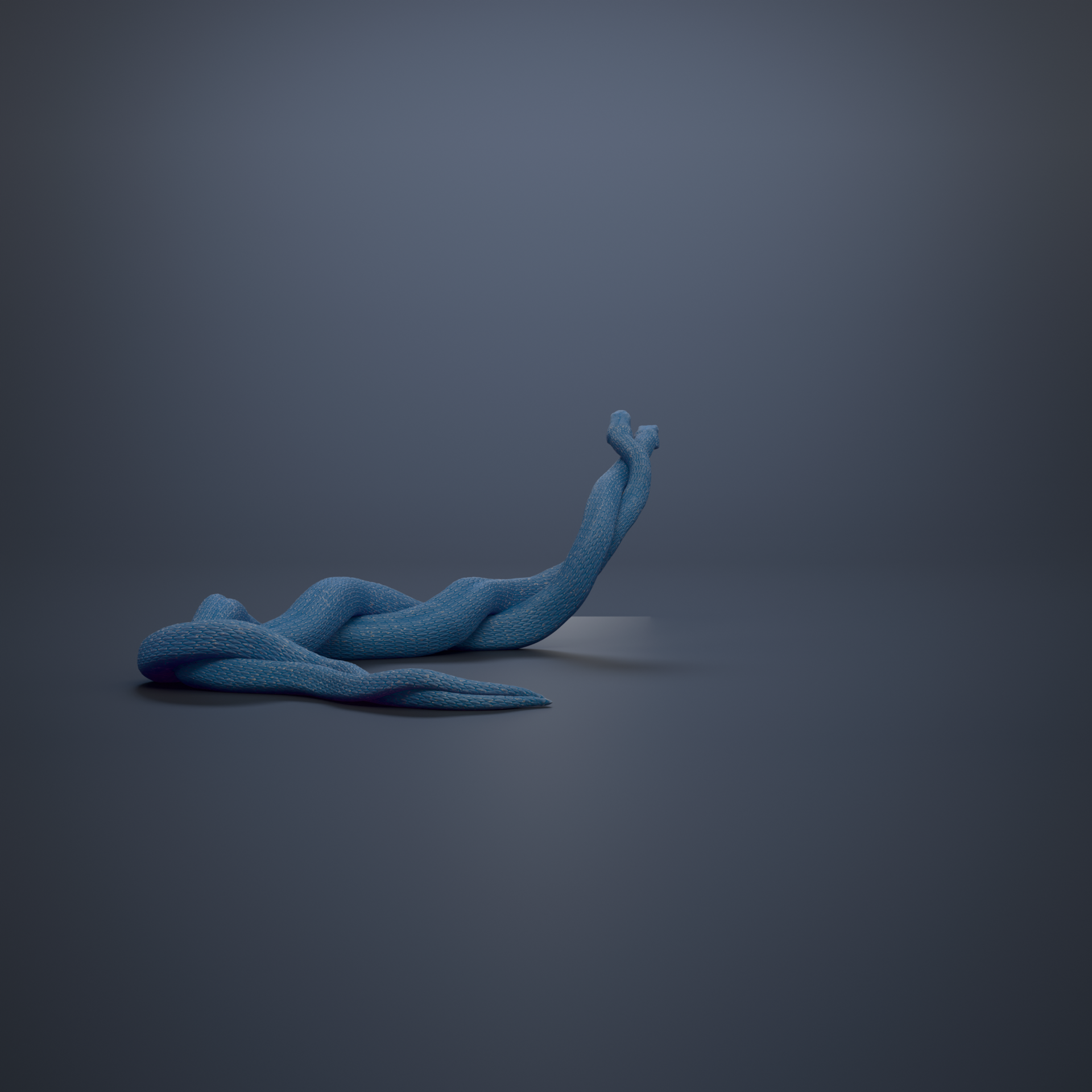 A blue, abstract figure is shown in a twisted, coiled position against a dark background.