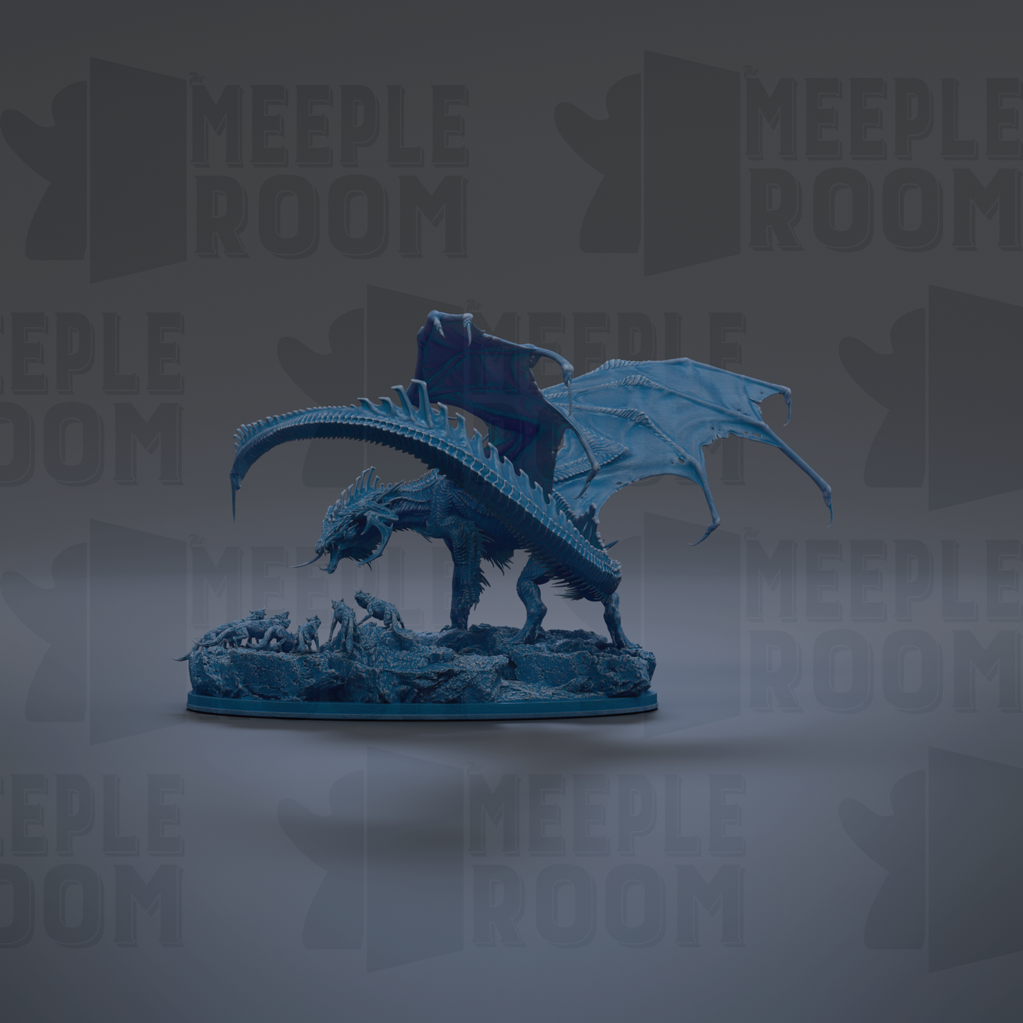 A 3D model of a blue dragon statue with wings spread, standing on a base.