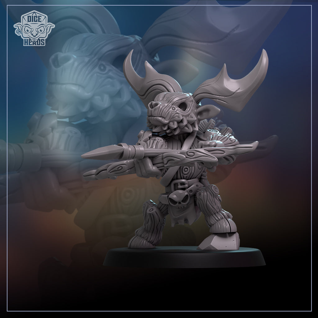A 3D model of a fantasy character with horns, a large head, and a weapon, set against a dark background with a gradient effect.