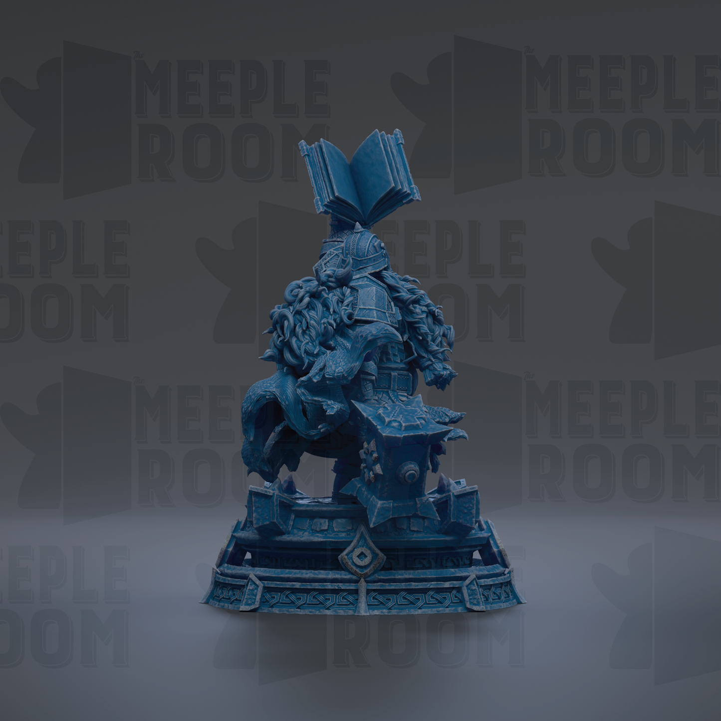 A blue statue of a dragon-like creature with a book-like structure on top, set against a dark background with repeated text.