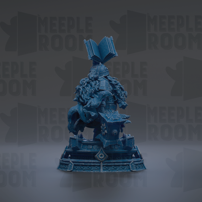 A blue statue of a dragon-like creature with a book-like structure on top, set against a dark background with repeated text.