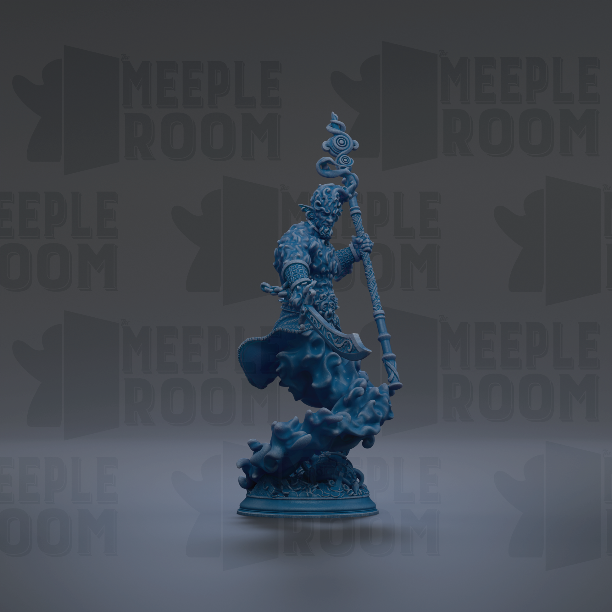 A blue figurine of a person holding a staff and sword, standing on a pedestal against a dark background with repeated text.