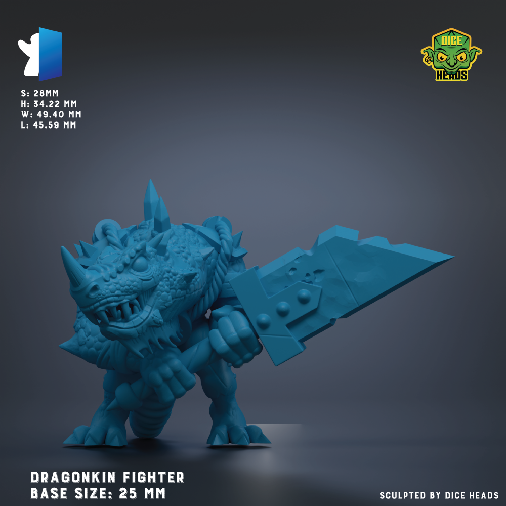 A 3D model of a Dragonkin fighter, a type of fantasy creature, is shown in the image. The base size of the model is 25 mm.