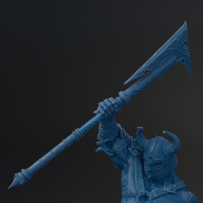 A blue, armored warrior figure wielding a large, pointed weapon.