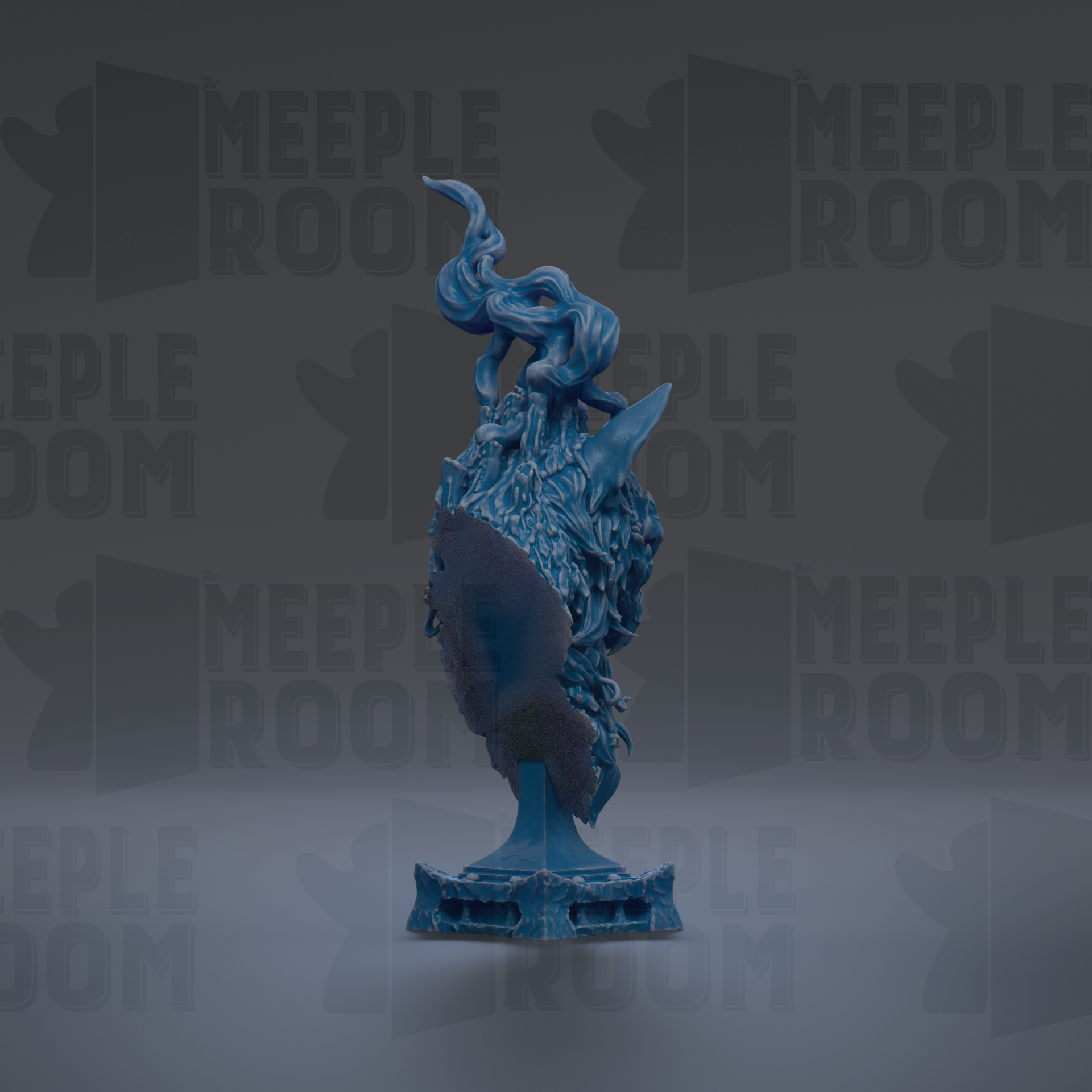 a blue, abstract sculpture with flowing, organic shapes and lines, set against a dark background with repeated text.