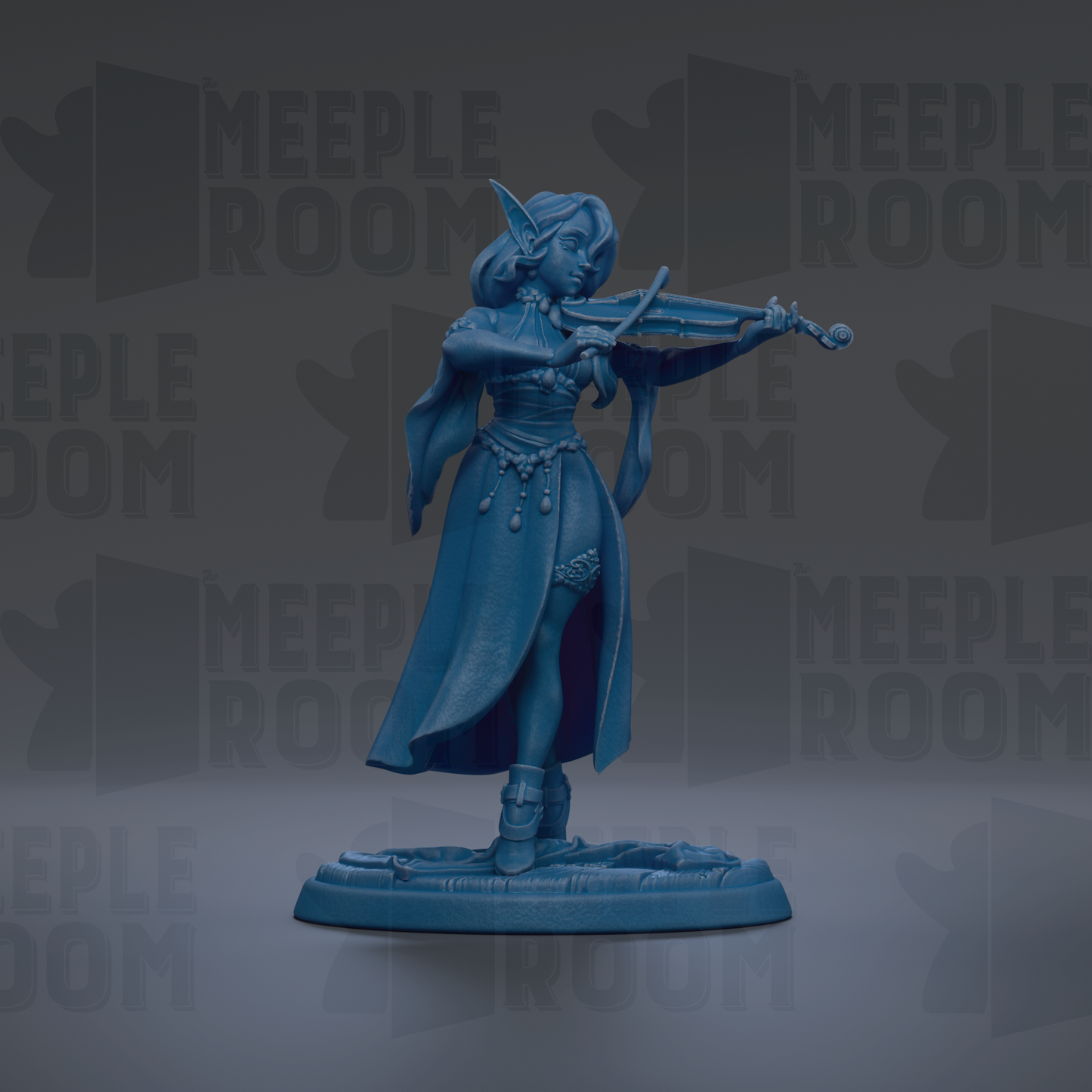 A blue figurine of a woman playing a musical instrument, such as a violin or flute, against a dark background with repeated text.