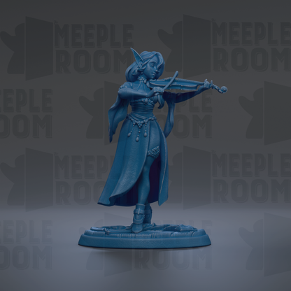 A blue figurine of a woman playing a musical instrument, such as a violin or flute, against a dark background with repeated text.