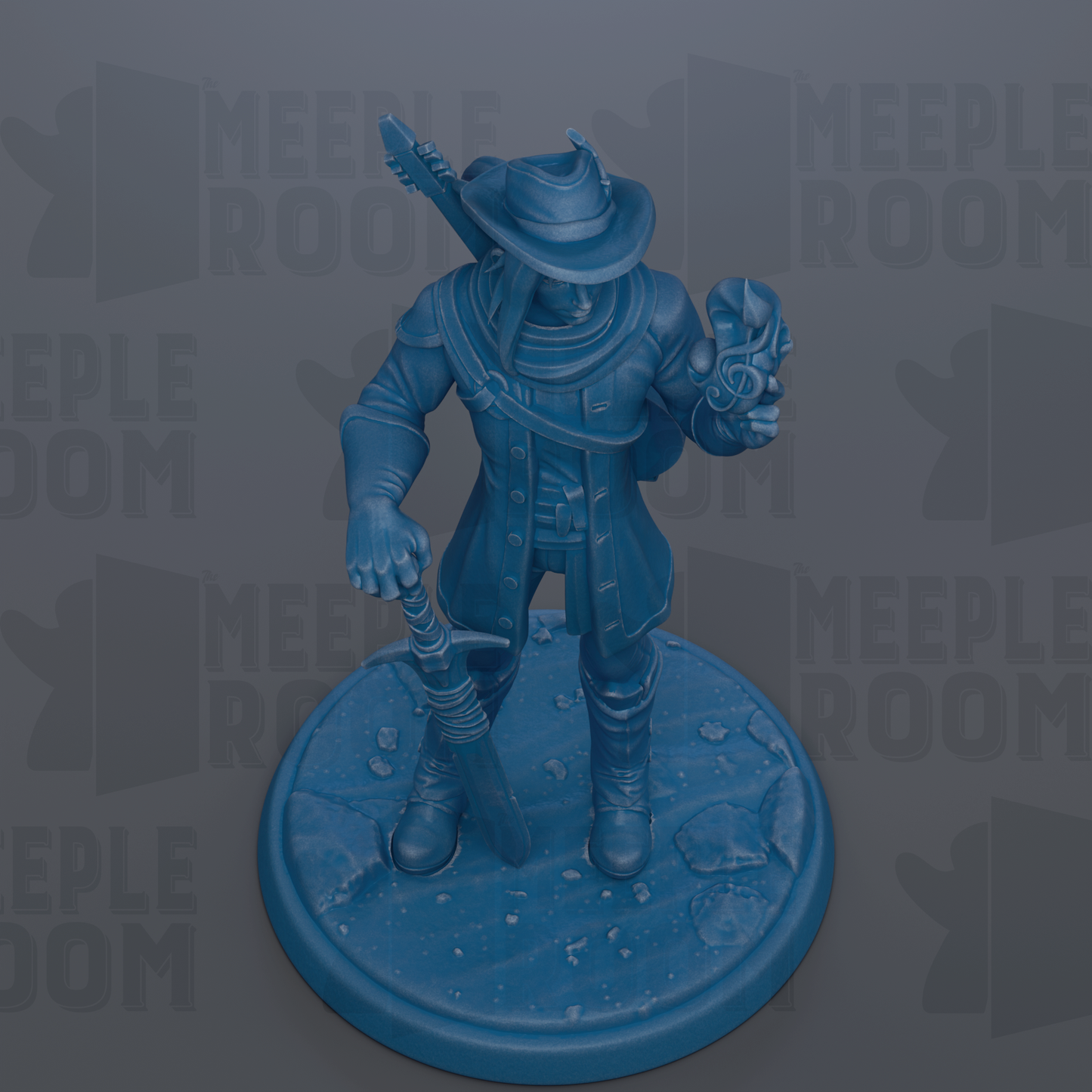 A blue figurine of a person holding a guitar and standing on a circular base.