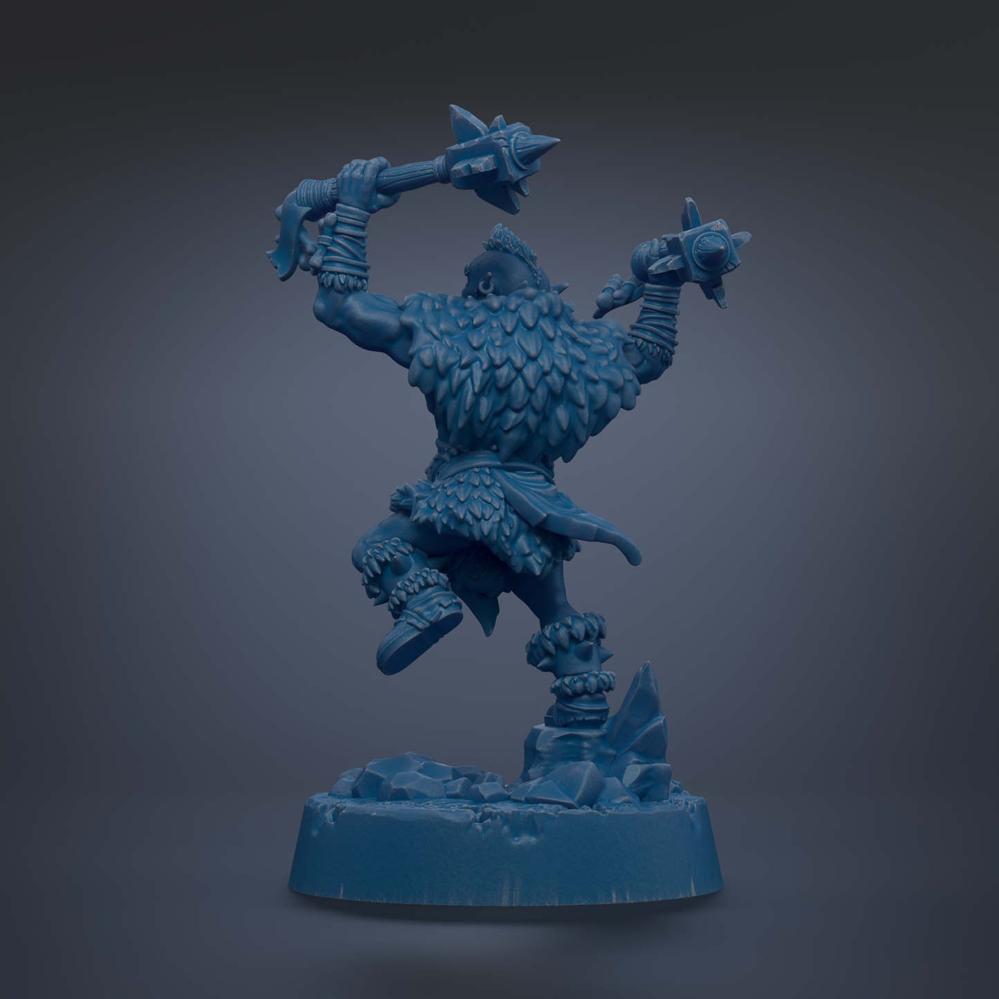 A blue, 3D-rendered warrior figure with a spear and shield, standing on a rocky base against a dark background.