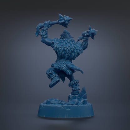 A blue, 3D-rendered warrior figure with a spear and shield, standing on a rocky base against a dark background.