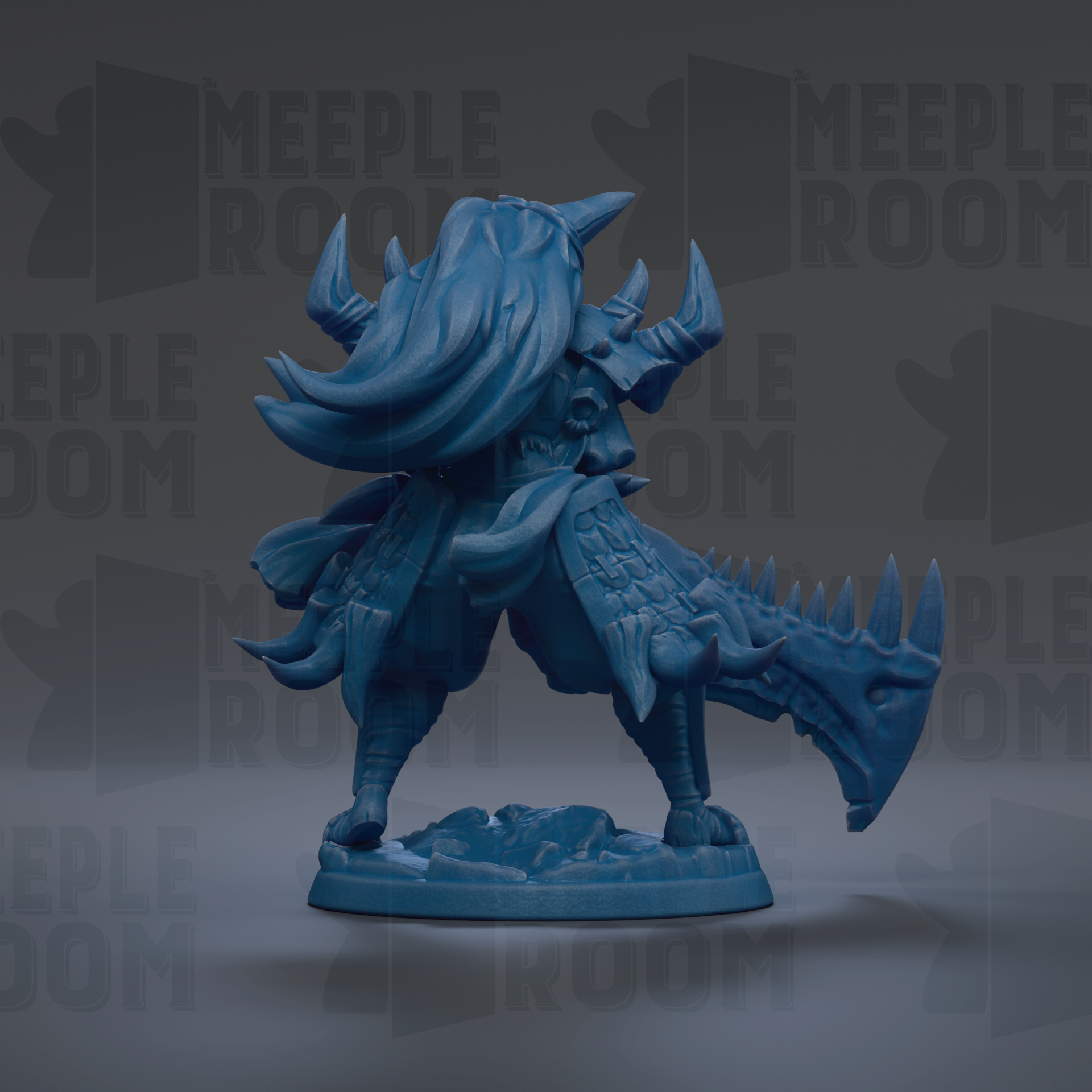 A blue figurine of a dragon-like creature with horns and sharp teeth, standing on a base.