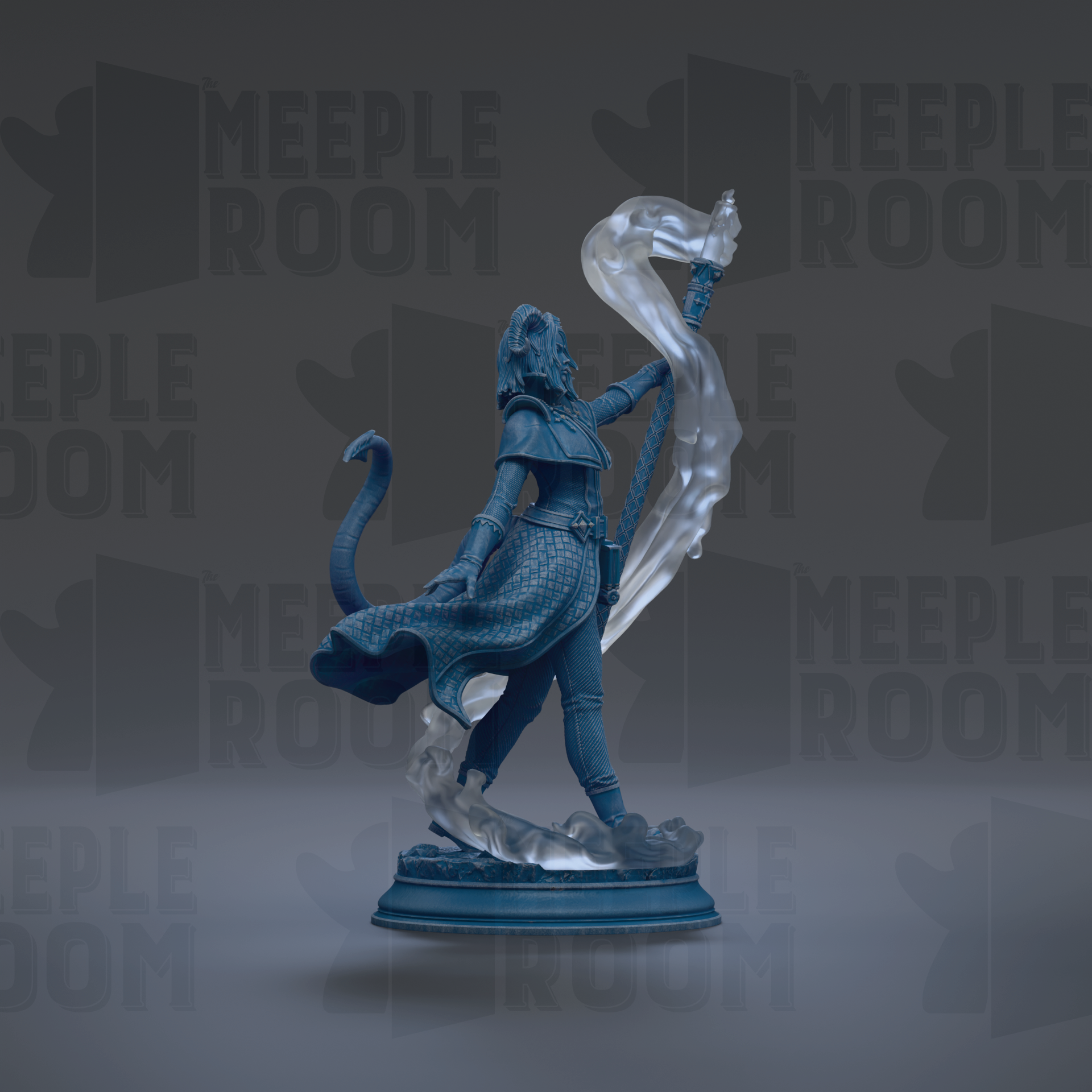 A 3D rendering of a blue statue of a figure holding a snake and a staff, standing on a pedestal.