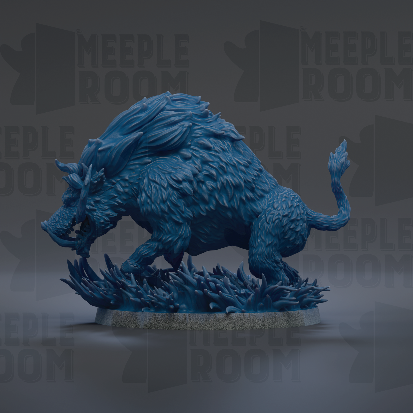 A detailed 3D rendering of a blue, furry creature resembling a boar or similar animal, standing on a base and facing to the right.