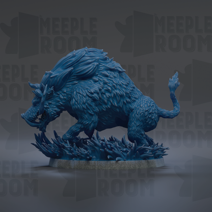 A detailed 3D rendering of a blue, furry creature resembling a boar or similar animal, standing on a base and facing to the right.